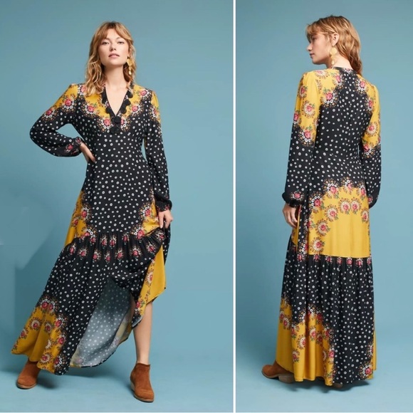 FARM Rio Dresses & Skirts - Farm Rio Floral Color Blocked Mixed Print Long Sleeve Maxi Dress